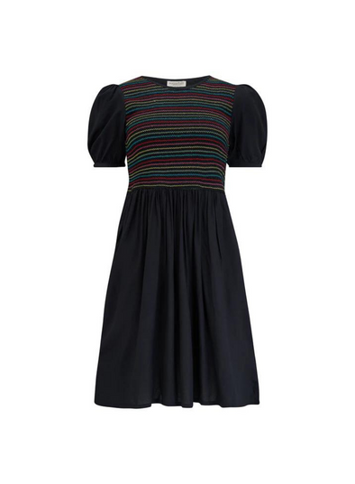 Antoinette Shirred Dress in Black Rainbow Shirring from Sugarhill