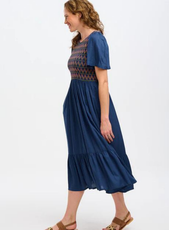 Brielle Midi Shirred Dress in Washed Navy ZigZag Shirring from Sugarhill