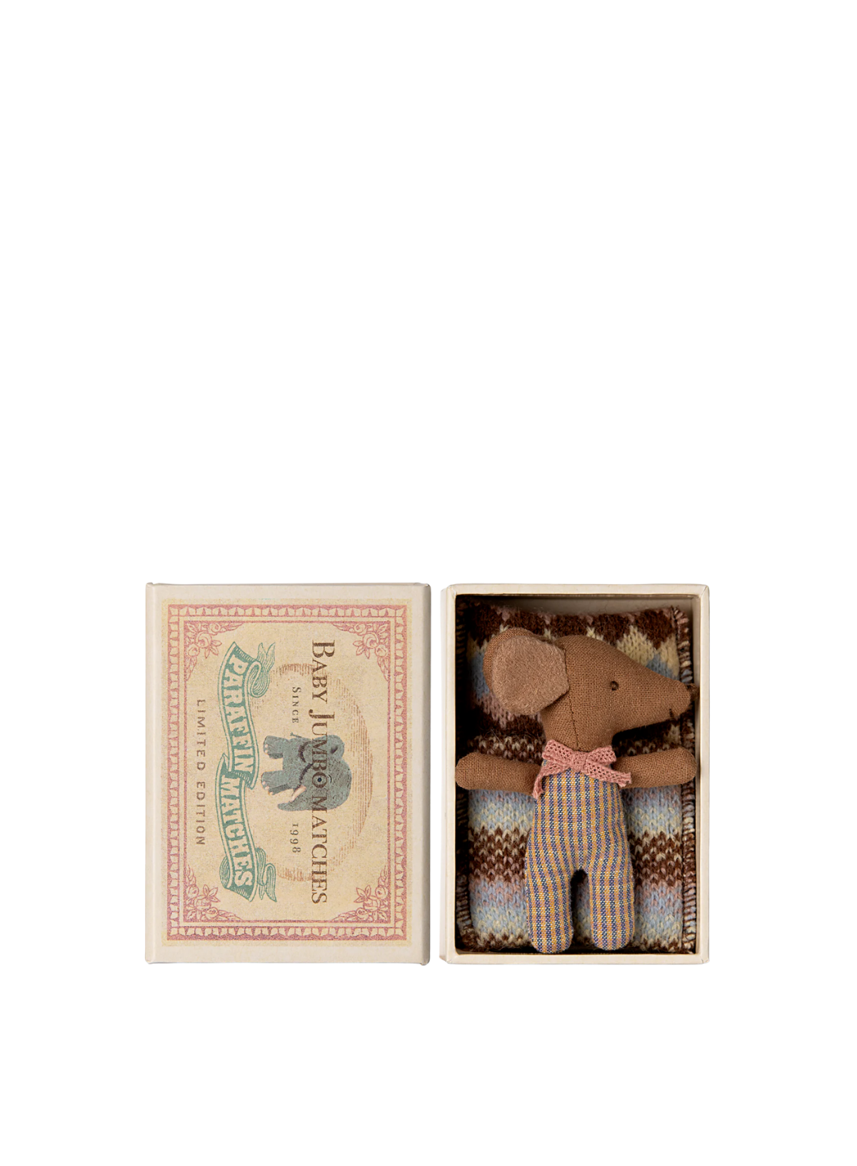 Maileg Mouse - Sleepy Wakey Baby in Matchbox wearing Rose