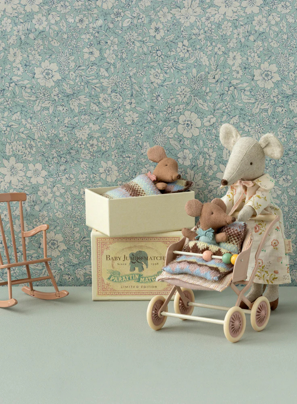 Maileg Mouse - Sleepy Wakey Baby in Matchbox wearing Rose