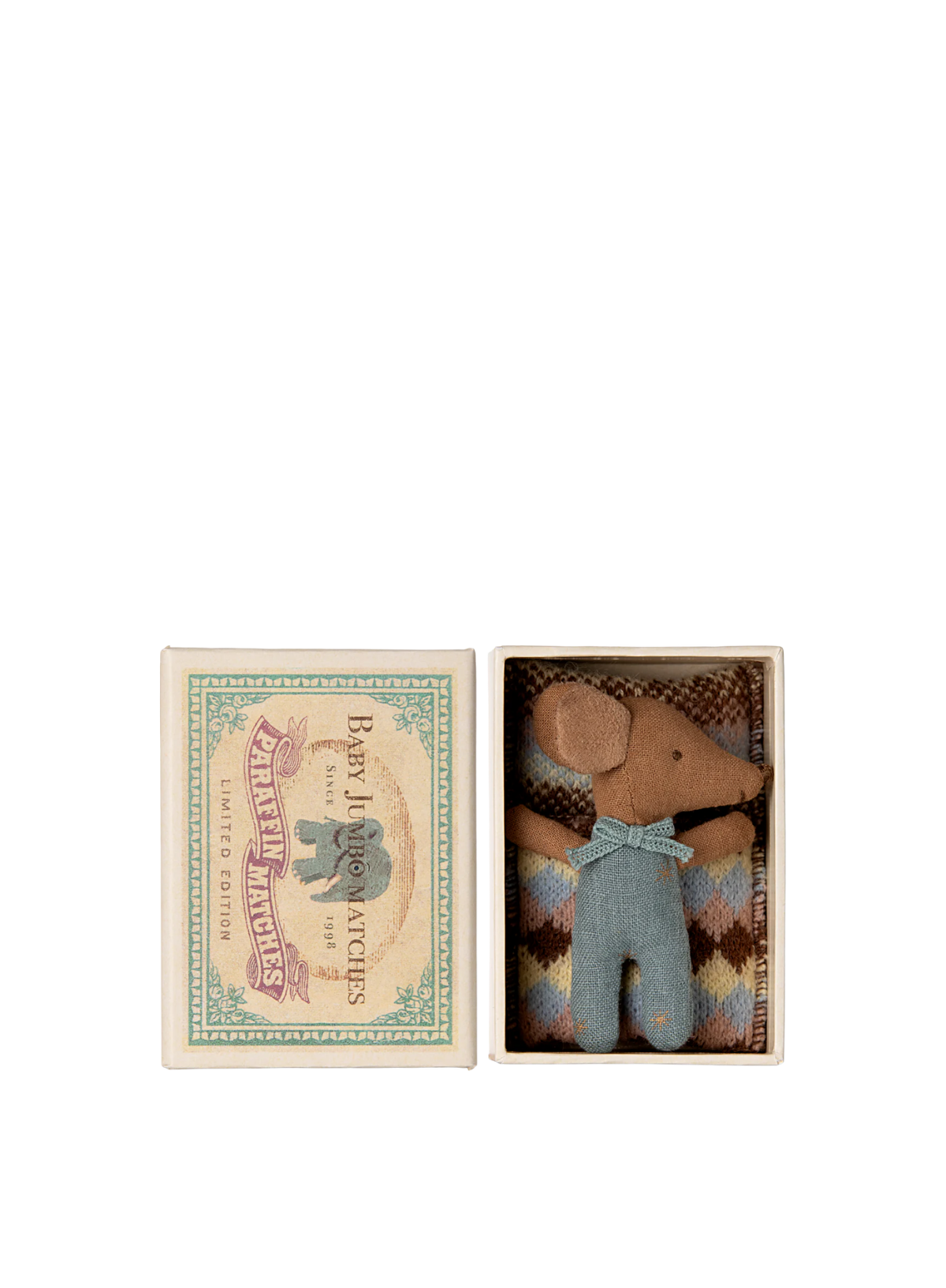 Maileg Mouse - Sleepy Wakey Baby in Matchbox wearing Blue