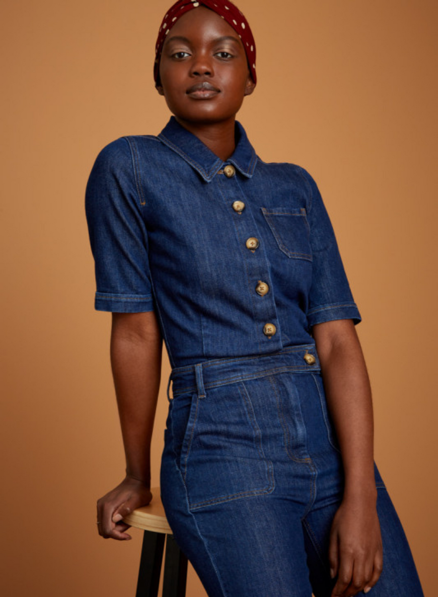 Dark blue denim jumpsuit hotsell