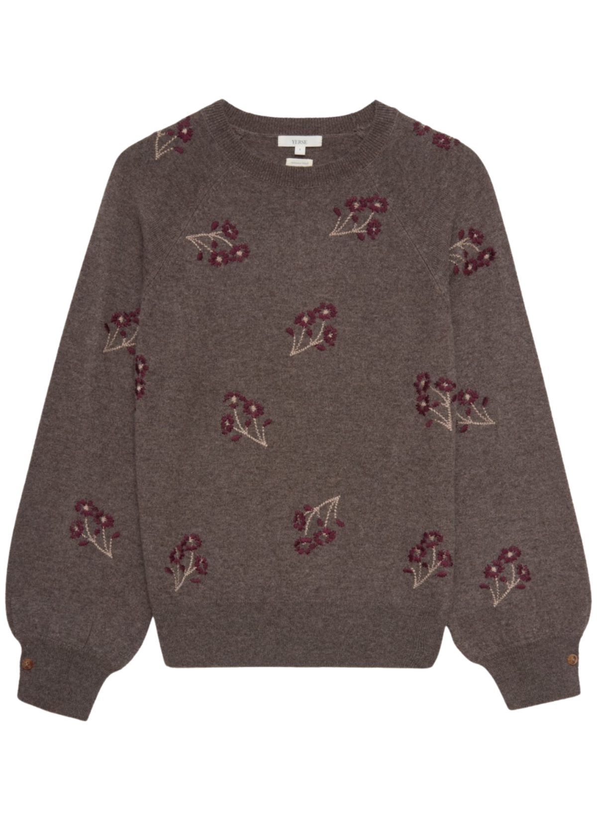 Brown sweater with embroidered floral design on a white background
