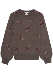 Brown sweater with embroidered floral design on a white background