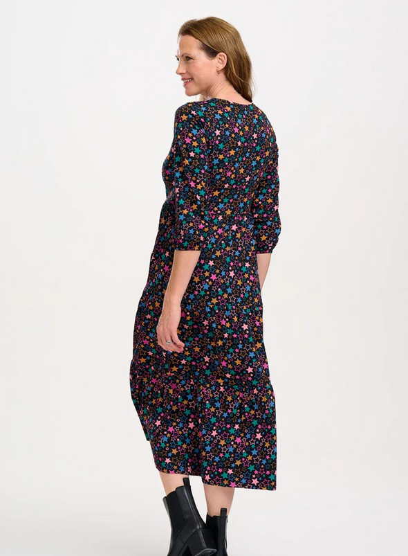 Bakari Jersey Tiered Midi Dress in Black Star Cluster from Sugarhill