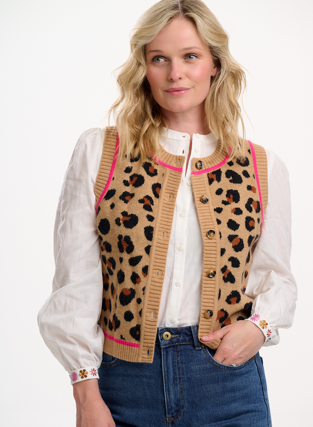 Natalie Knitted Waistcoat in Tan/Black, Natural Leopard from Sugarhill