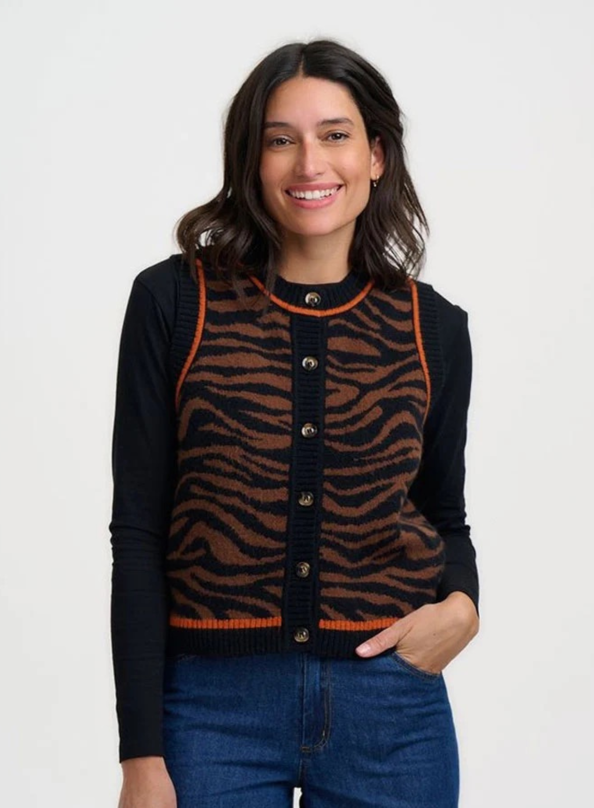 Sugarhill Natalie Knitted Waistcoat in Brown/Black Tiger Print*