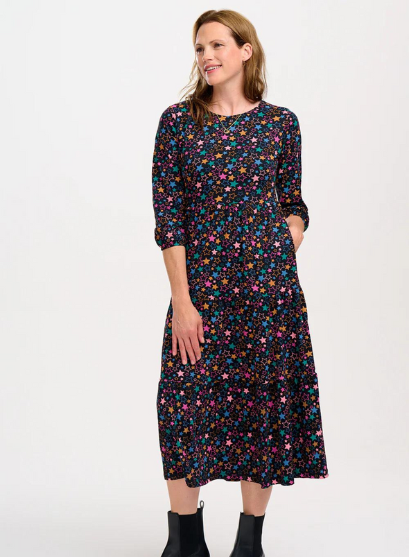 Bakari Jersey Tiered Midi Dress in Black Star Cluster from Sugarhill