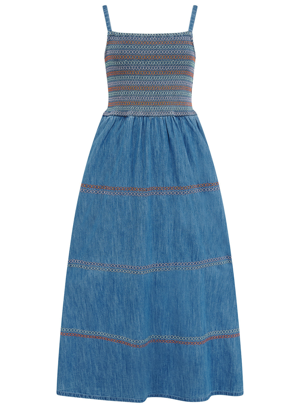 Sugarhill Murren Shirred Midi Dress Washed Denim