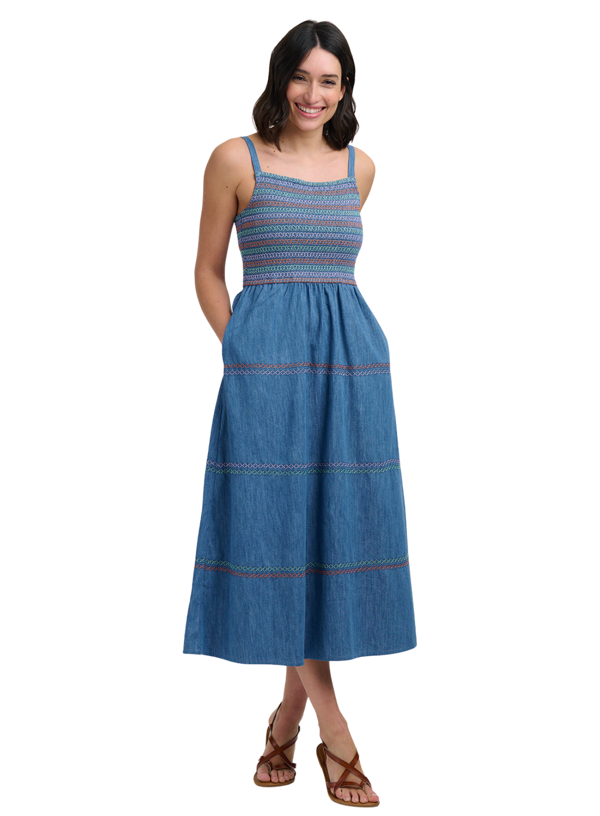 Sugarhill Murren Shirred Midi Dress Washed Denim