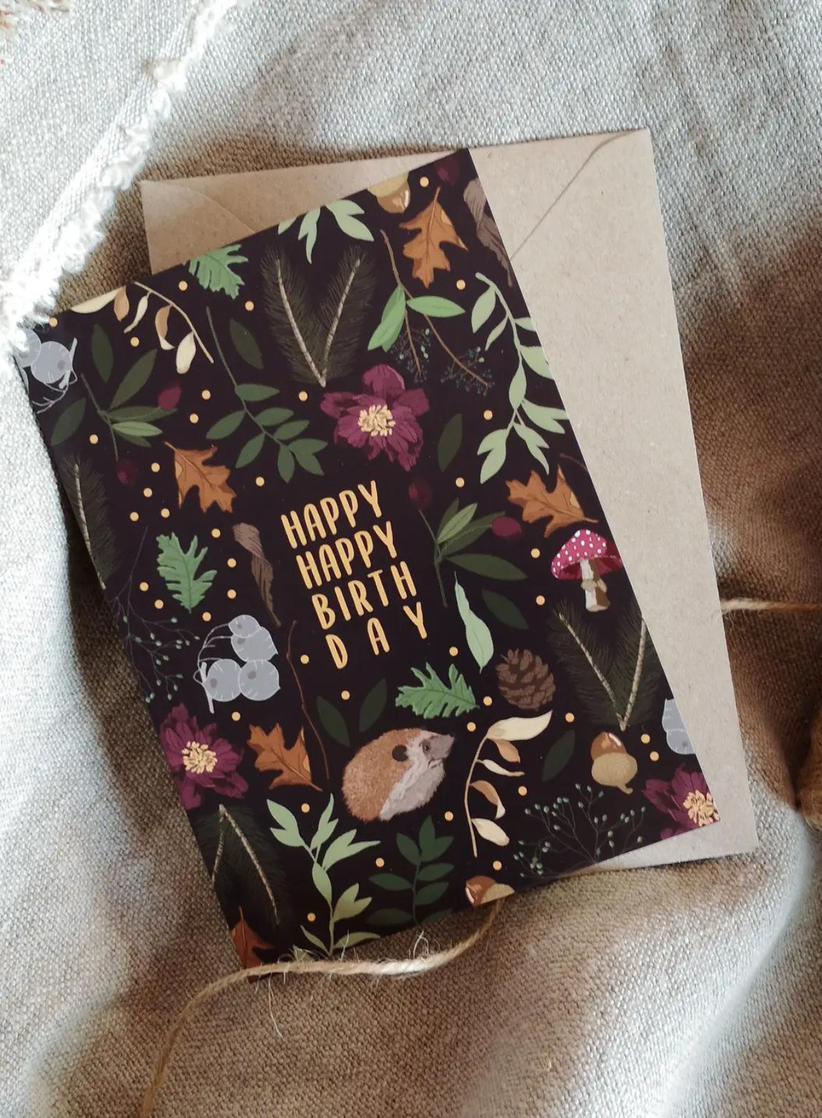 Happy Happy Birthday Botanical Woodland Hedgehog Card from Wildwood Paper