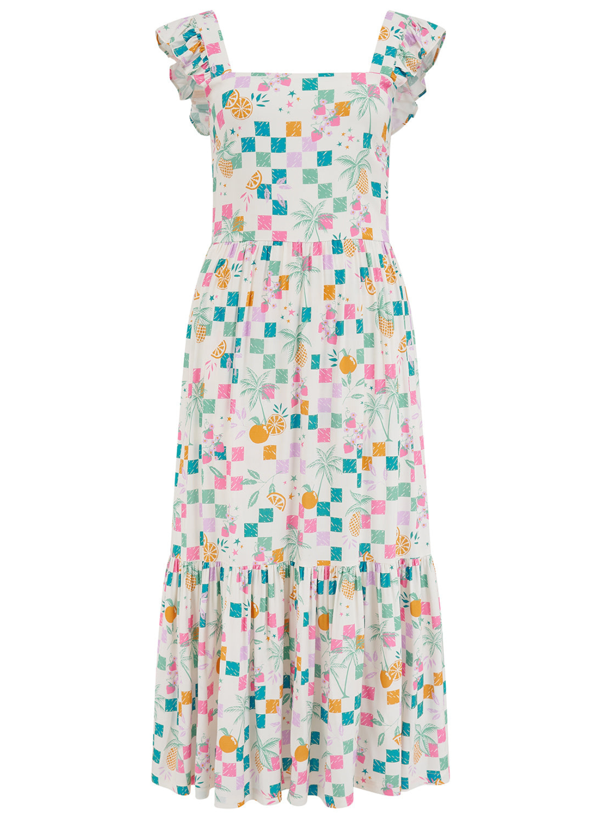 Sugarhill Estelle Shirred Sundress Off White, Fruit Checkerboard