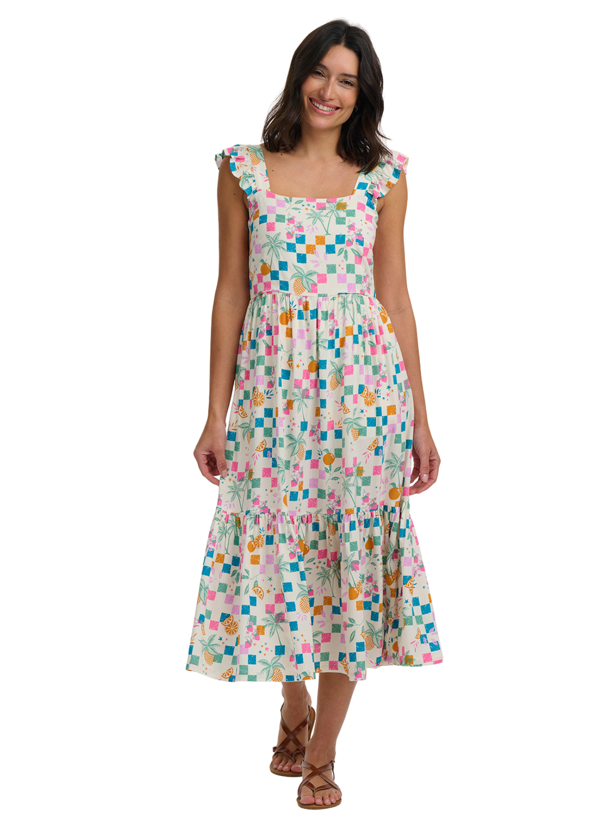 Sugarhill Estelle Shirred Sundress Off White, Fruit Checkerboard