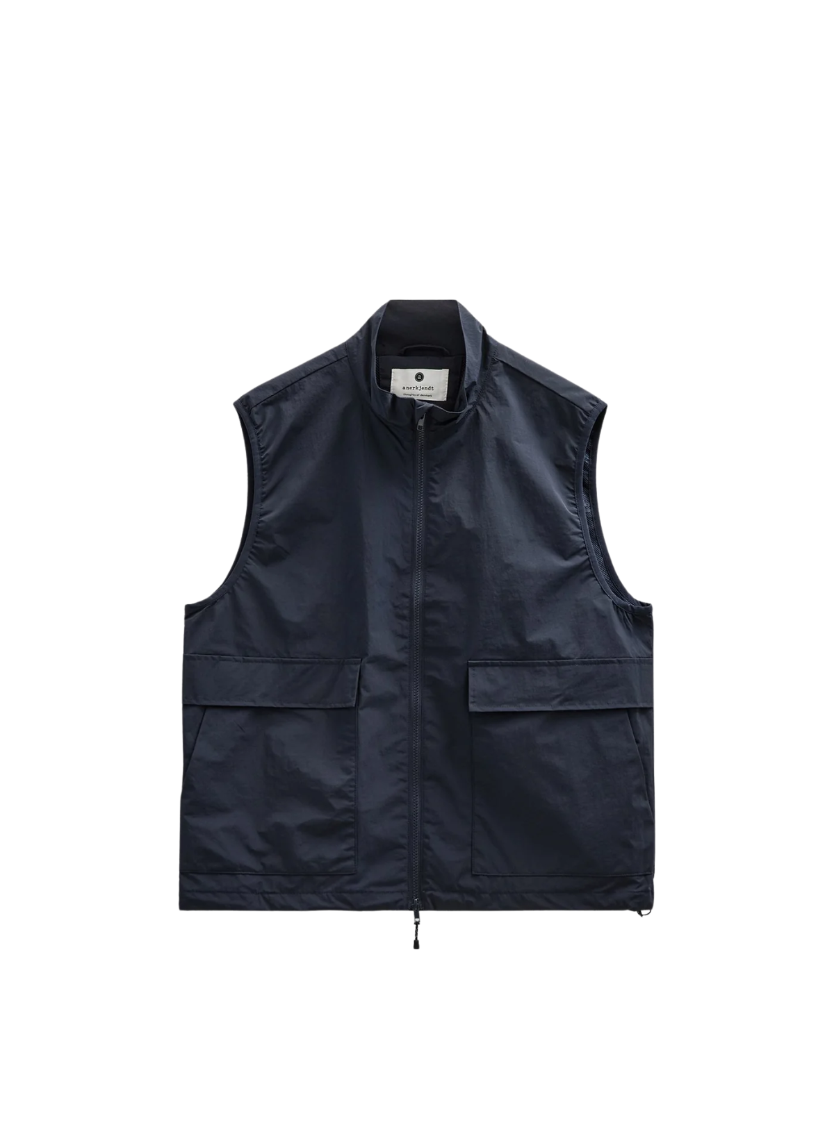 A dark navy blue sleeveless zip-up vest with a stand collar and two front flap pockets, shown flat against a plain white background.