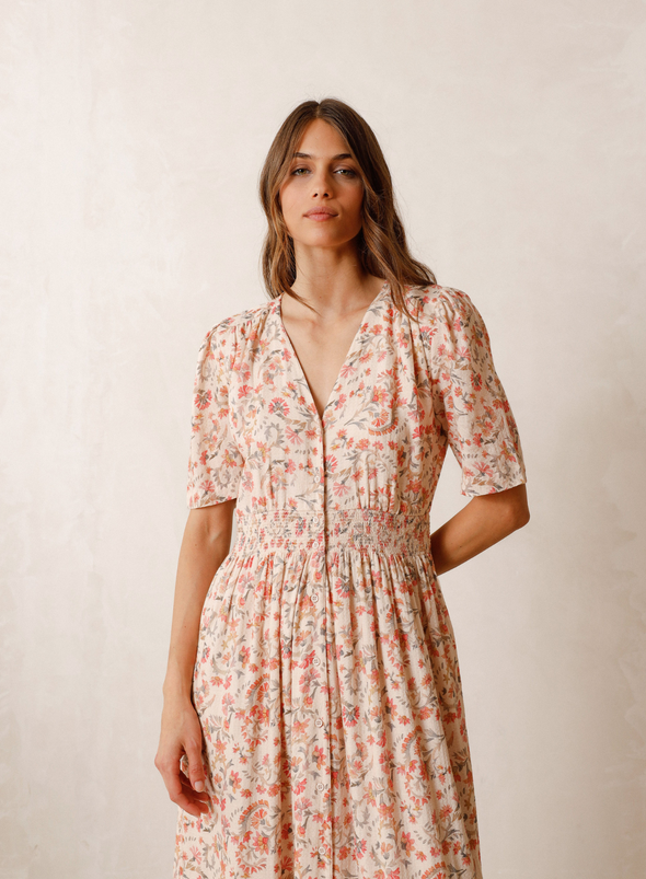Luise Midi Dress in Peach Print from Indi & Cold