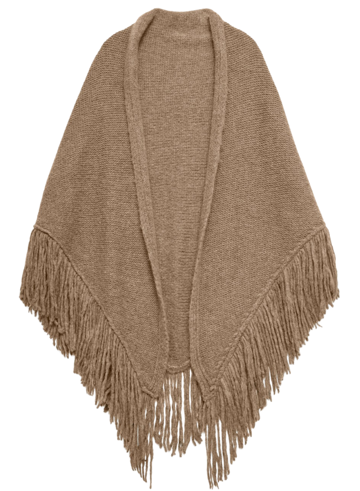 Beige knitted shawl with fringes on a white background