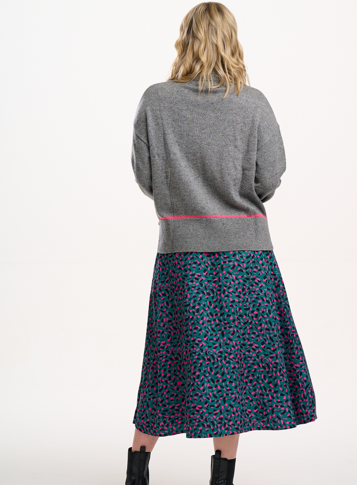 Krista Circle Skirt in Green, Layered Painterly Marks from Sugarhill