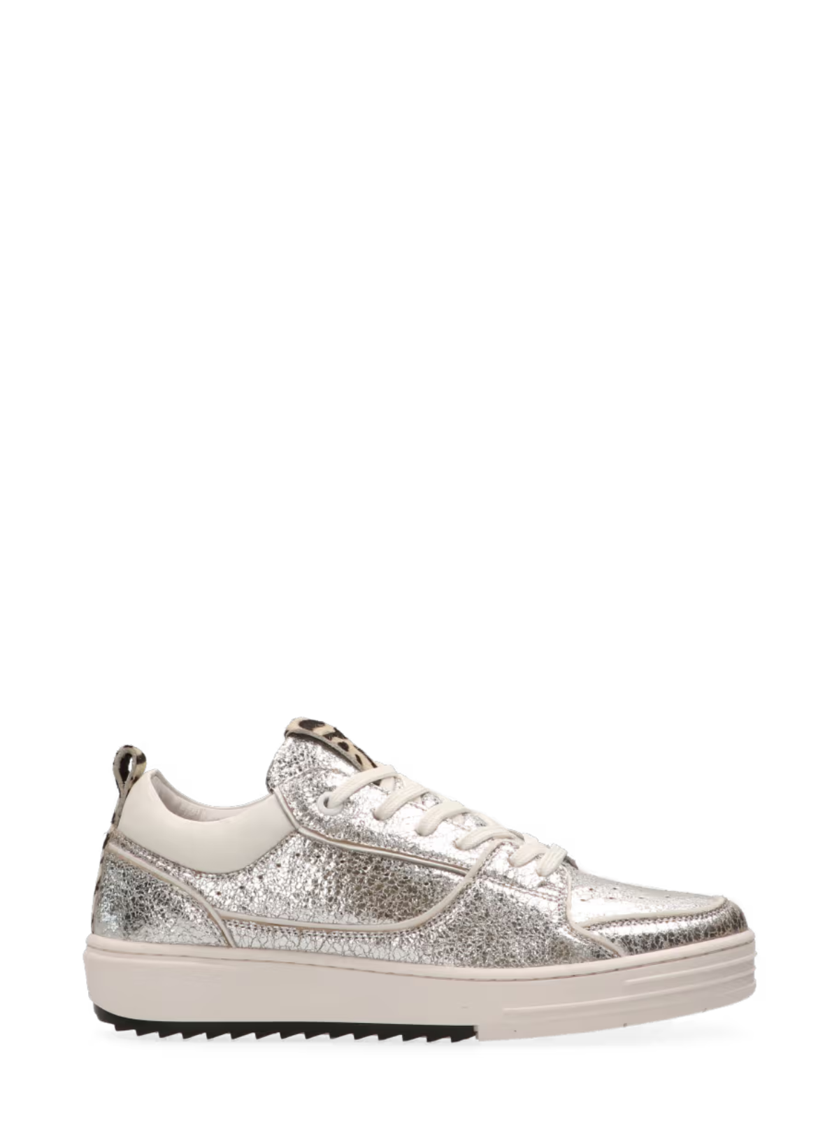 Maruti Anna Metallic Silver Zebra Leather Trainers. Side shot of single shoe.