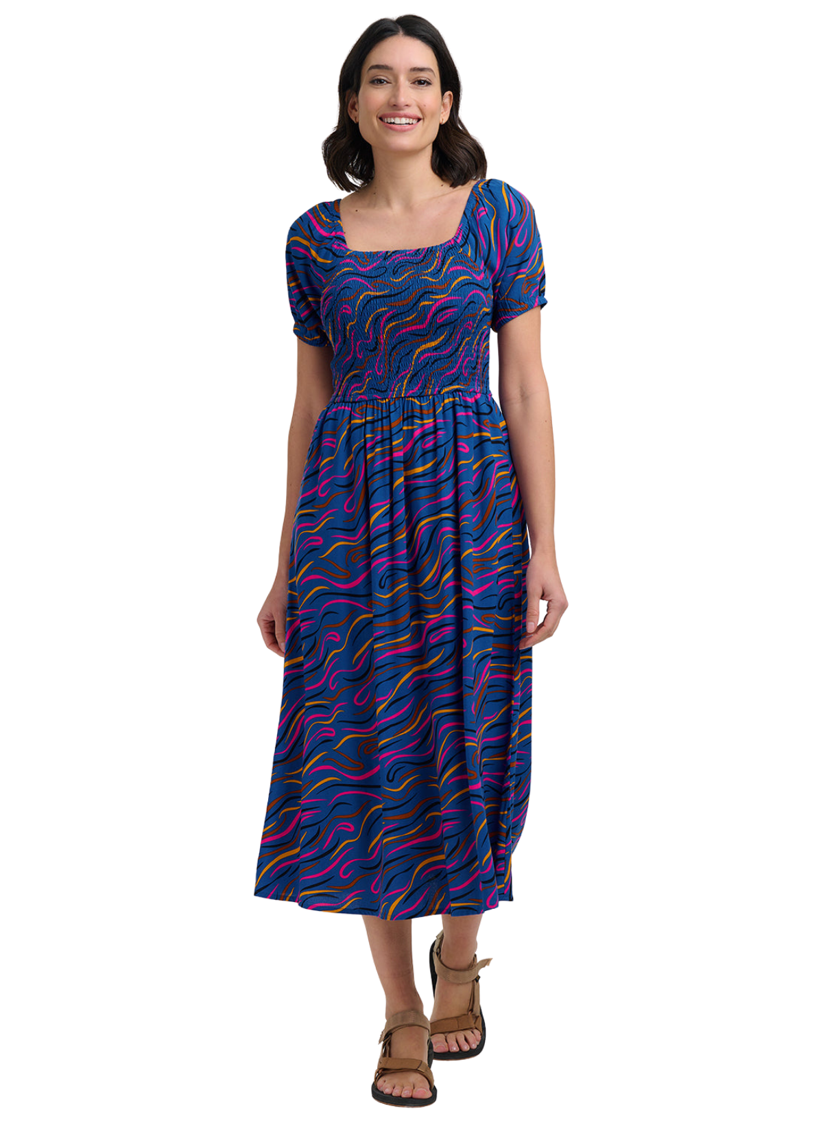 Sugarhill Jolene Shirred Midi Dress in Jazz Waves
