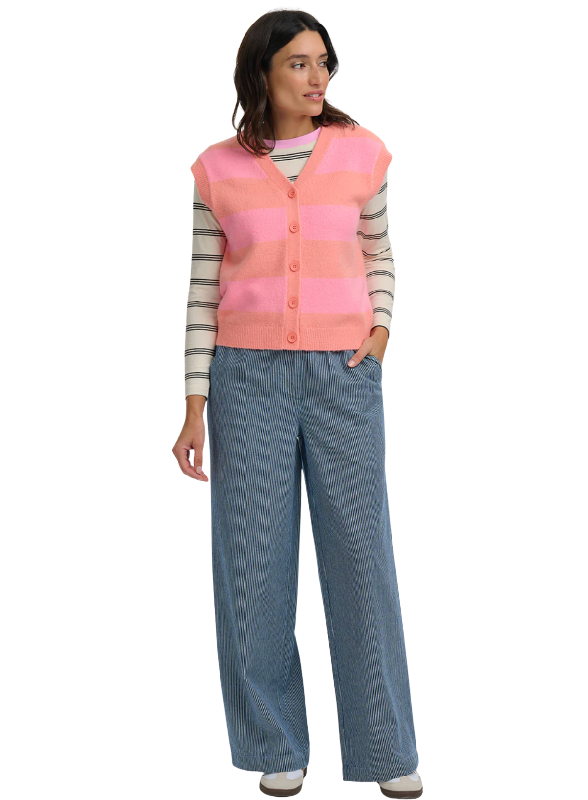 Sugarhill Amber Knit Vest Peach/Stripe, Pastel Stripe