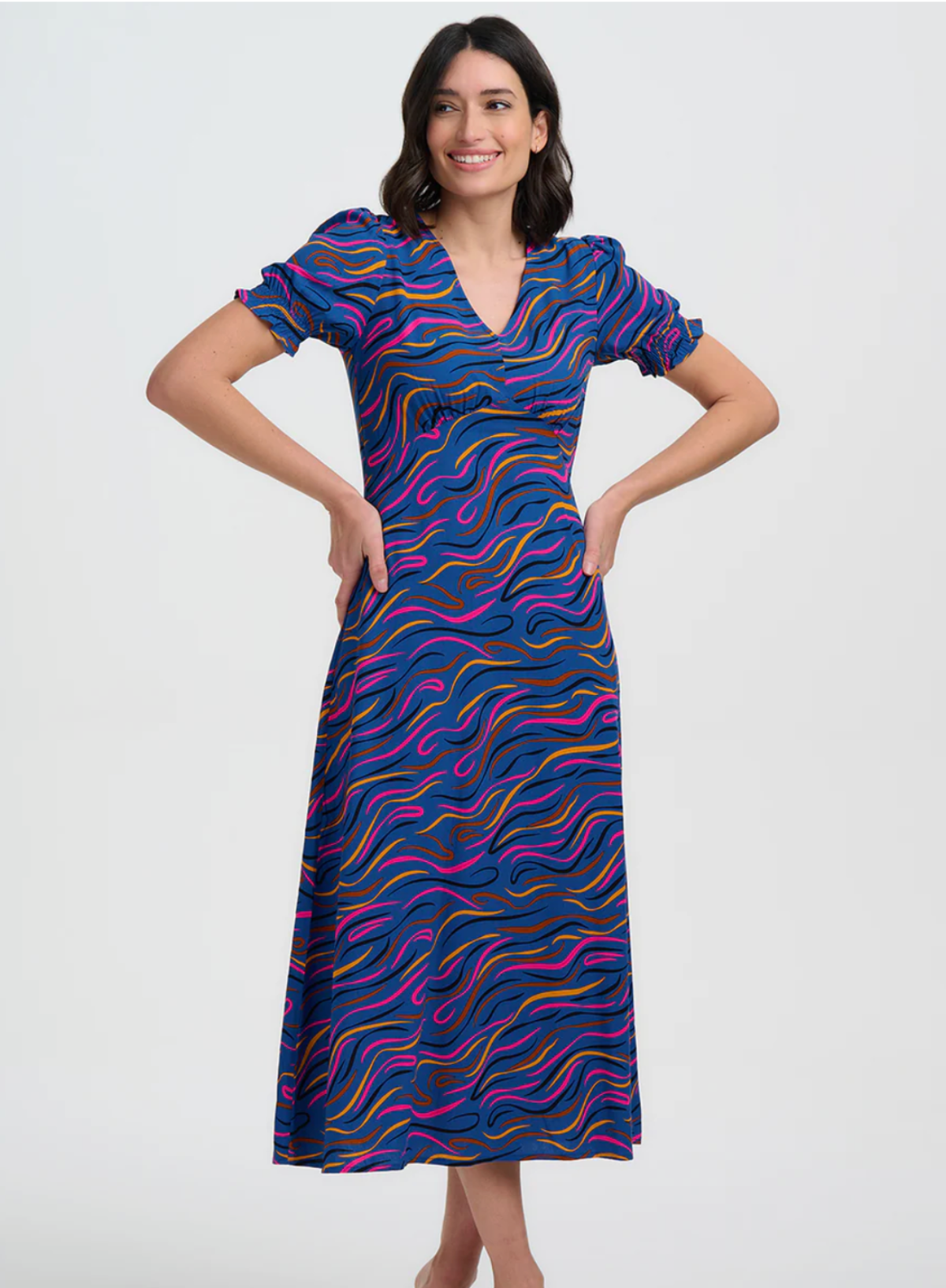 Sugarhill Mary Jane Shirred Midi Dress Bright Navy, Jazz Waves