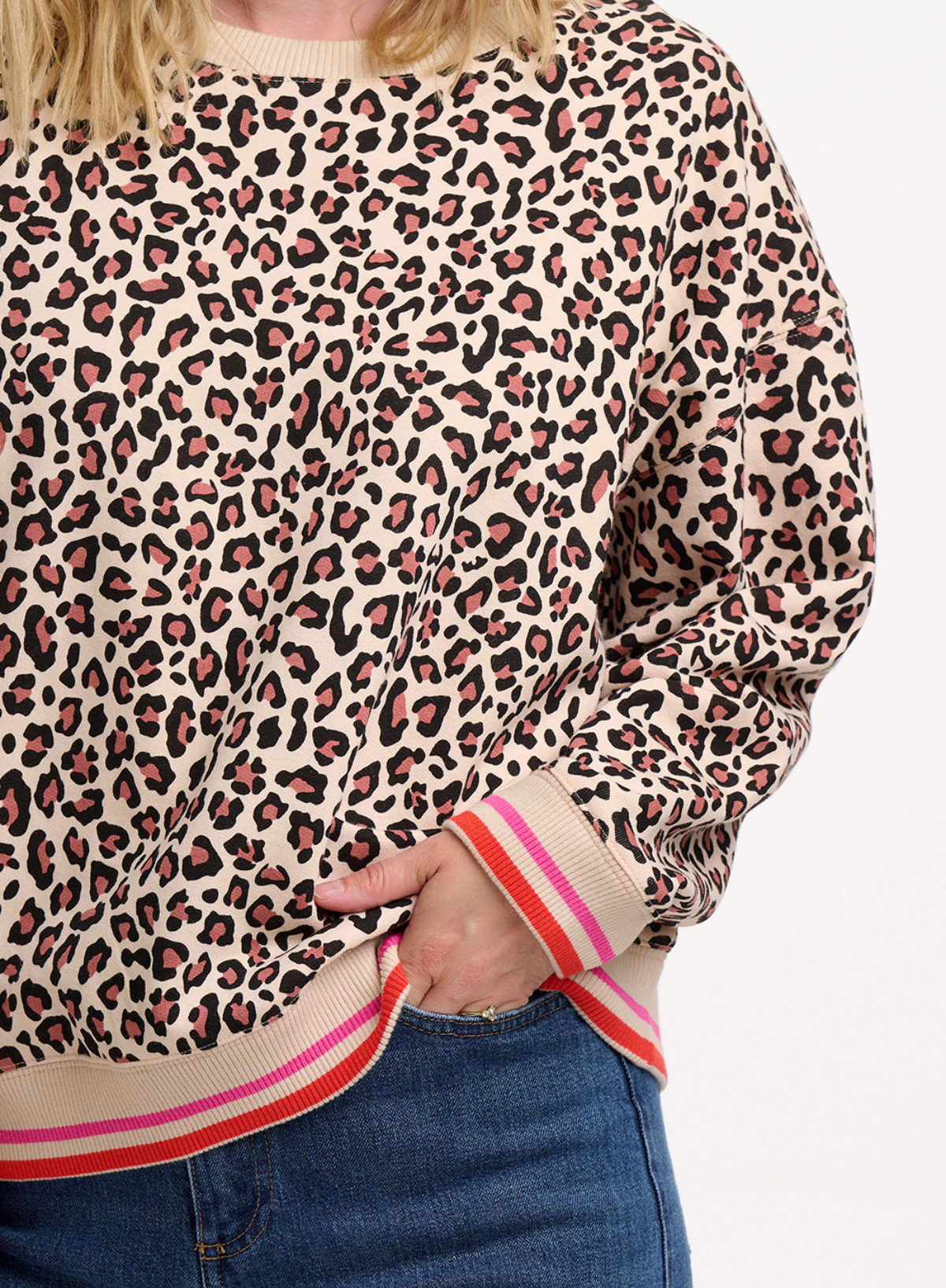 Eadie Relaxed Sweatshirt in Stone, Classic Leopard Retro Stripe from Sugarhill