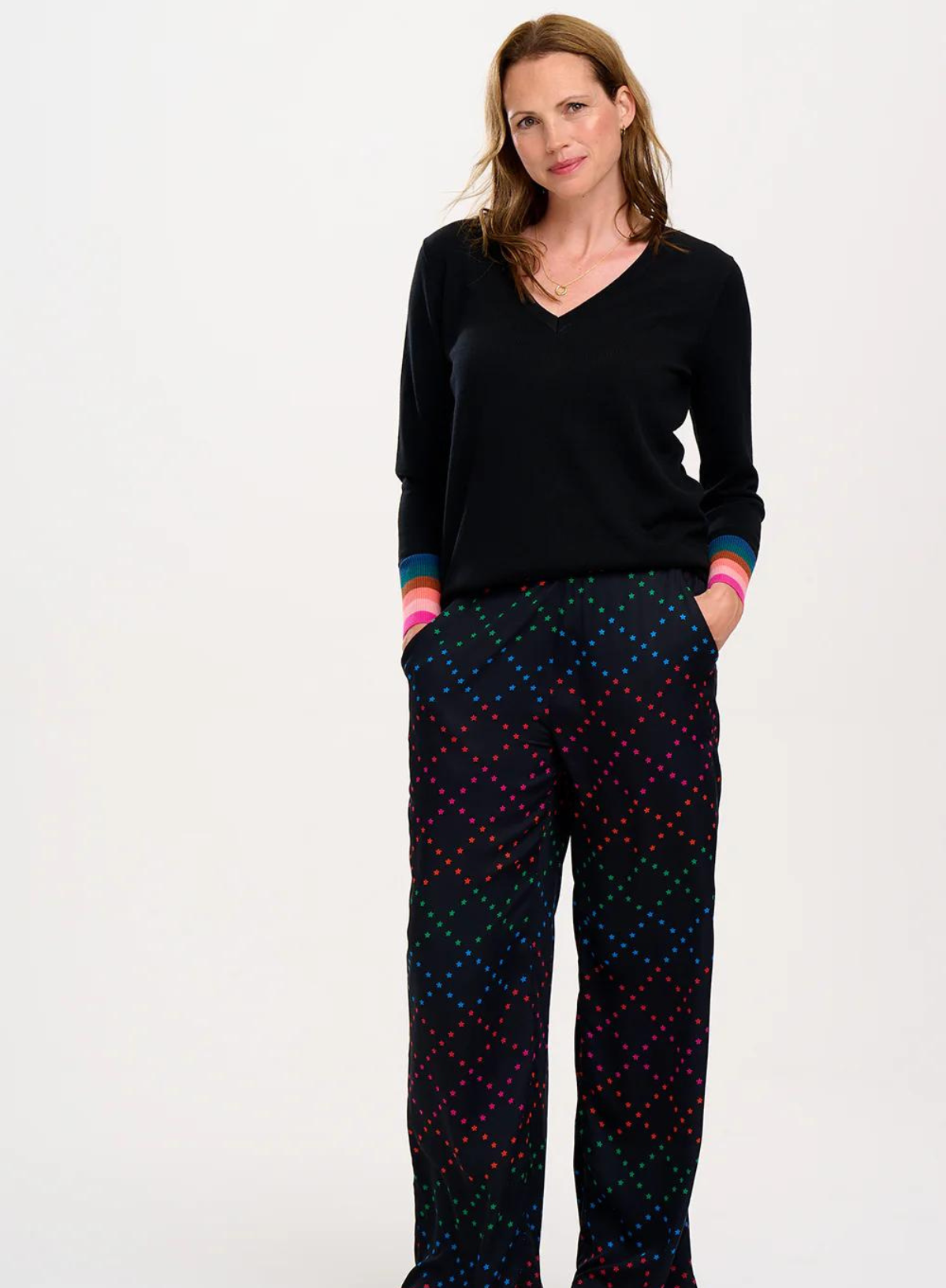 Larkin Trousers in Black Rainbow Star Lattice from Sugarhill