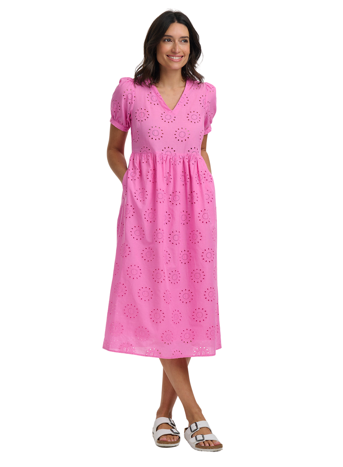 Sugarhill Kim Broderie Anglaise Midi Smock Dress in Pink