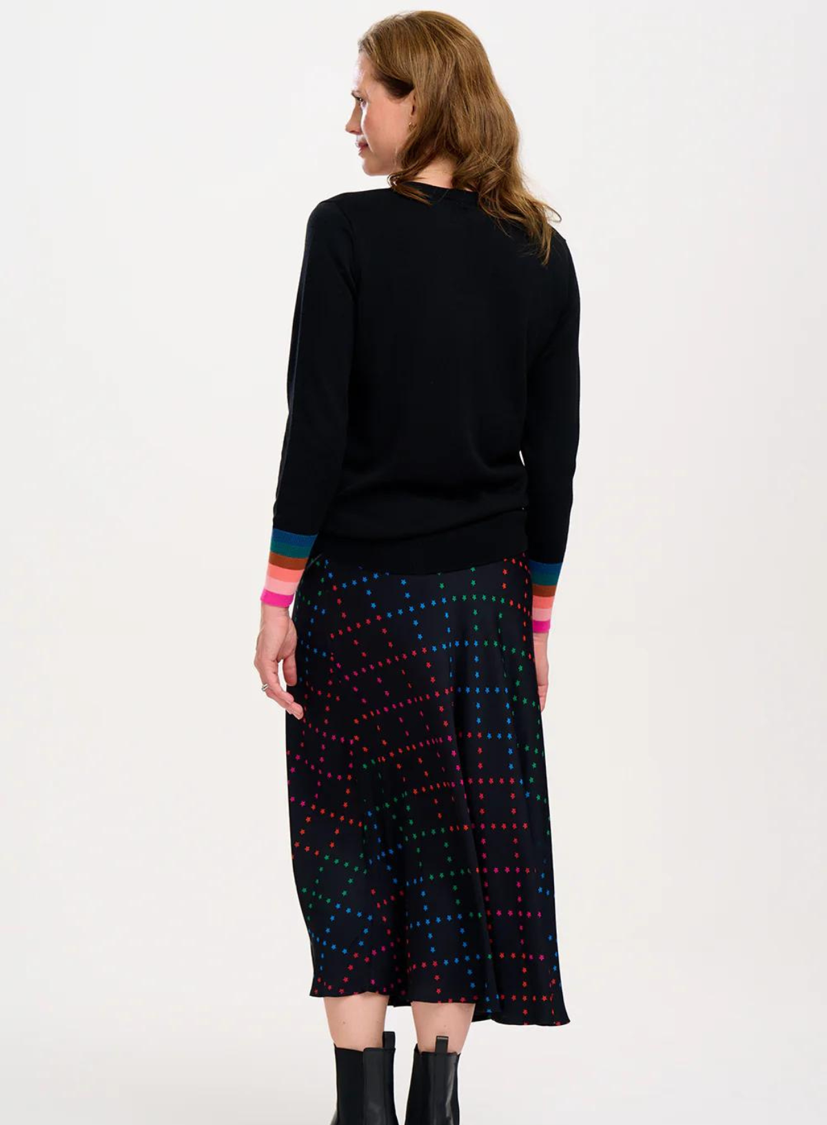 Sita Midi Skirt in Black Rainbow Star Lattice from Sugarhill