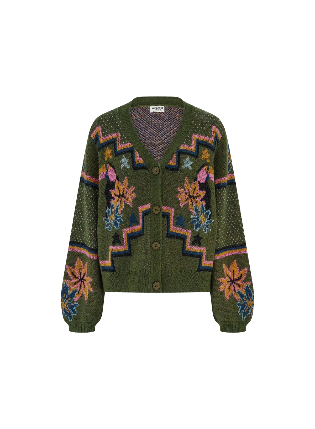 SugarhillI Ryanne Cardigan in Khaki Green Geo Toucans