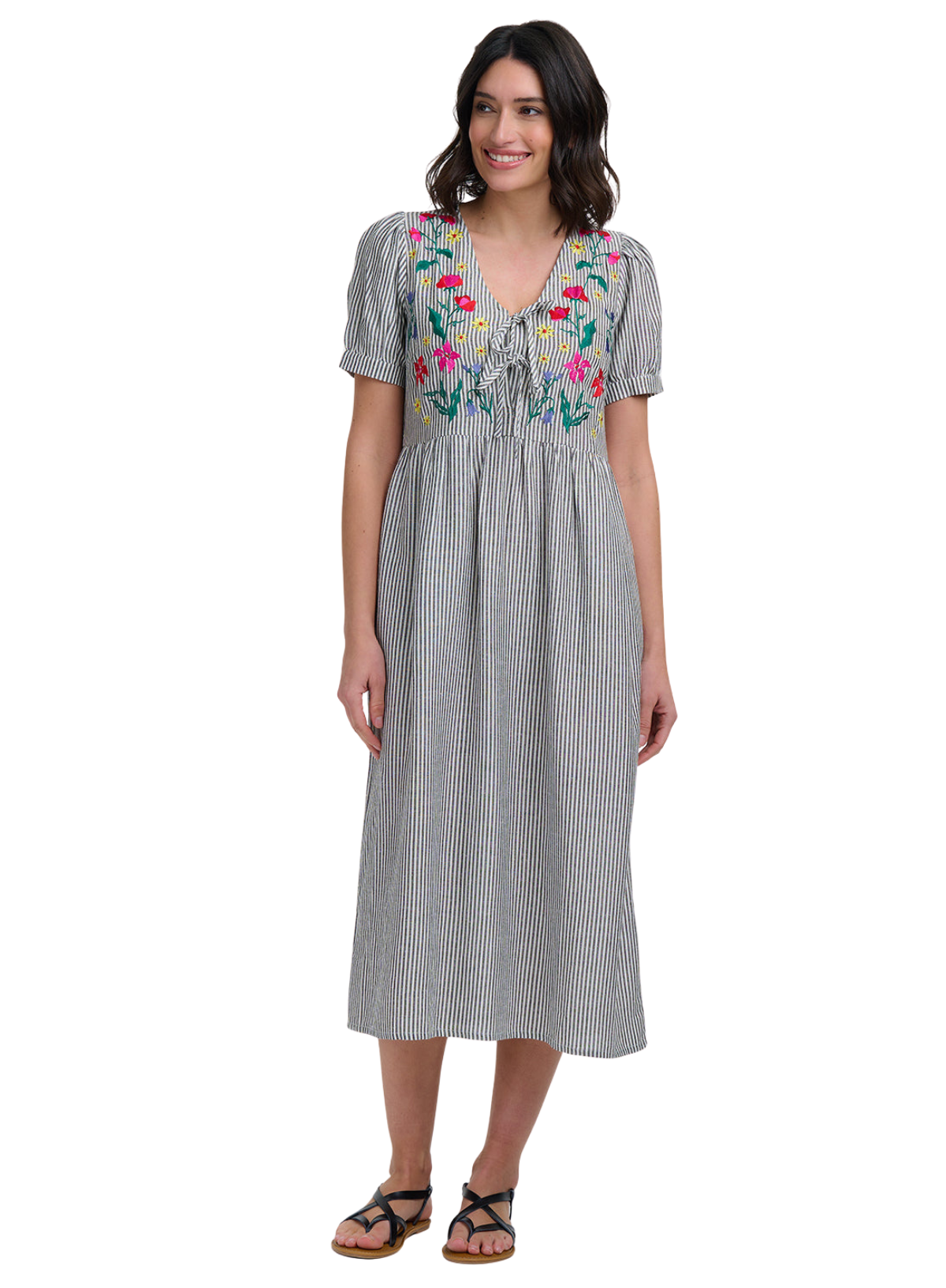 Sugarhill Ruby Midi Smock Dress Monochrome Stripe, Garden Floral