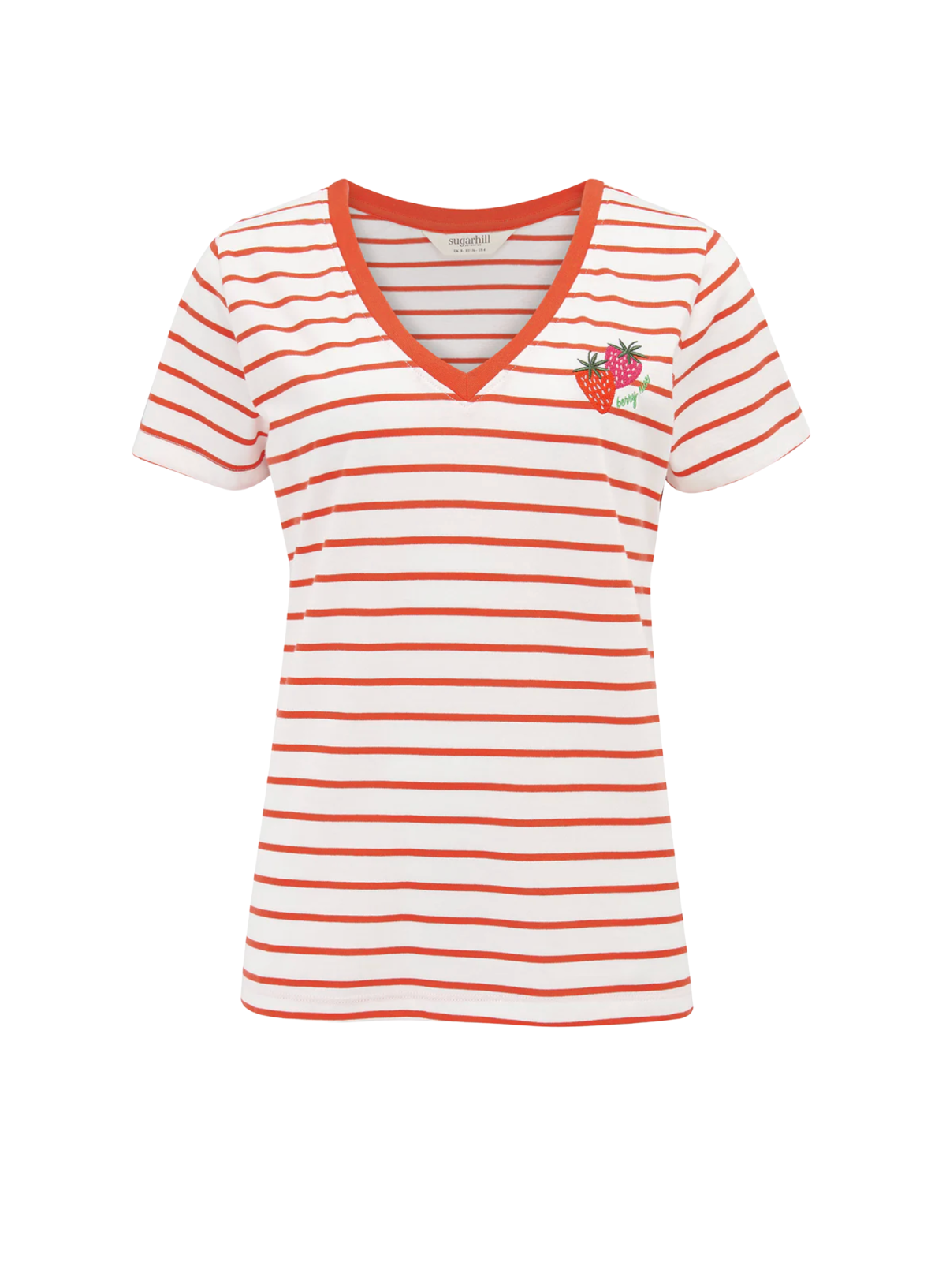 Sugarhill Khloe V-Neck T-Shirt Red/Off White Stripe, Strawberry