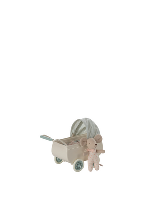Pram with Baby Mouse in Mint from Maileg