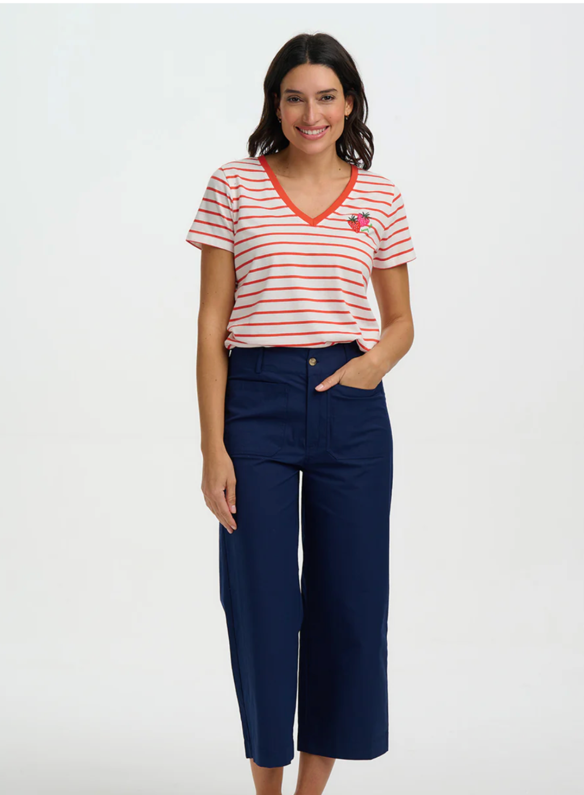 Sugarhill Khloe V-Neck T-Shirt Red/Off White Stripe, Strawberry