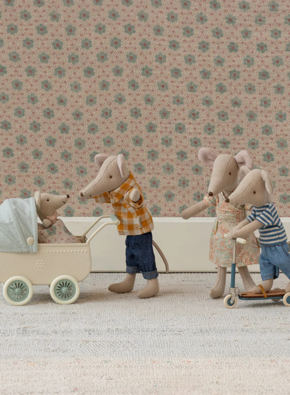 Maileg Pram with Baby Mouse in Mint