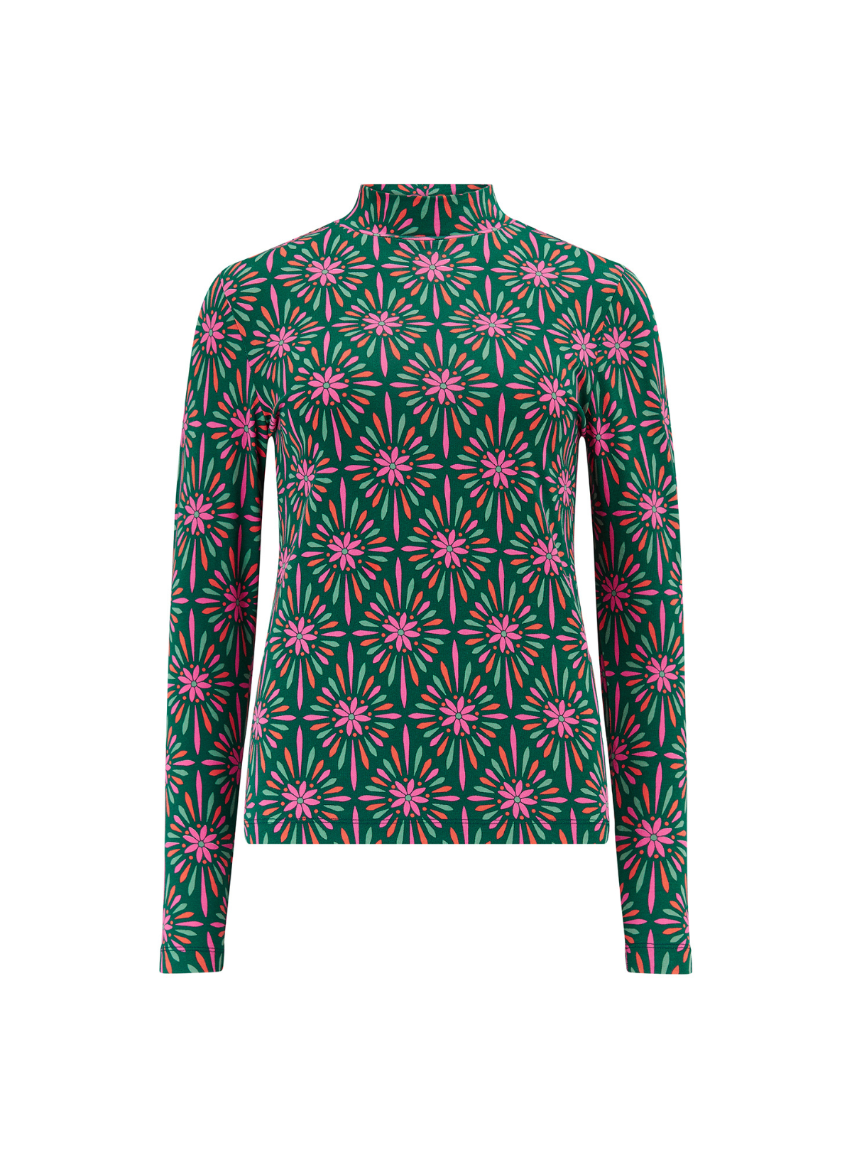 Annika Turtleneck Jersey Top in Green/Multi, Flower Explosion from Sugarhill