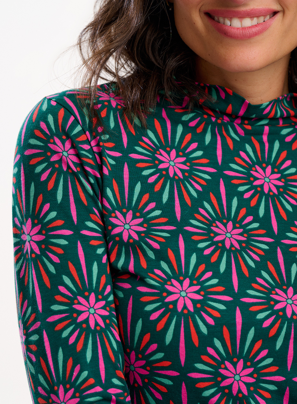 Annika Turtleneck Jersey Top in Green/Multi, Flower Explosion from Sugarhill