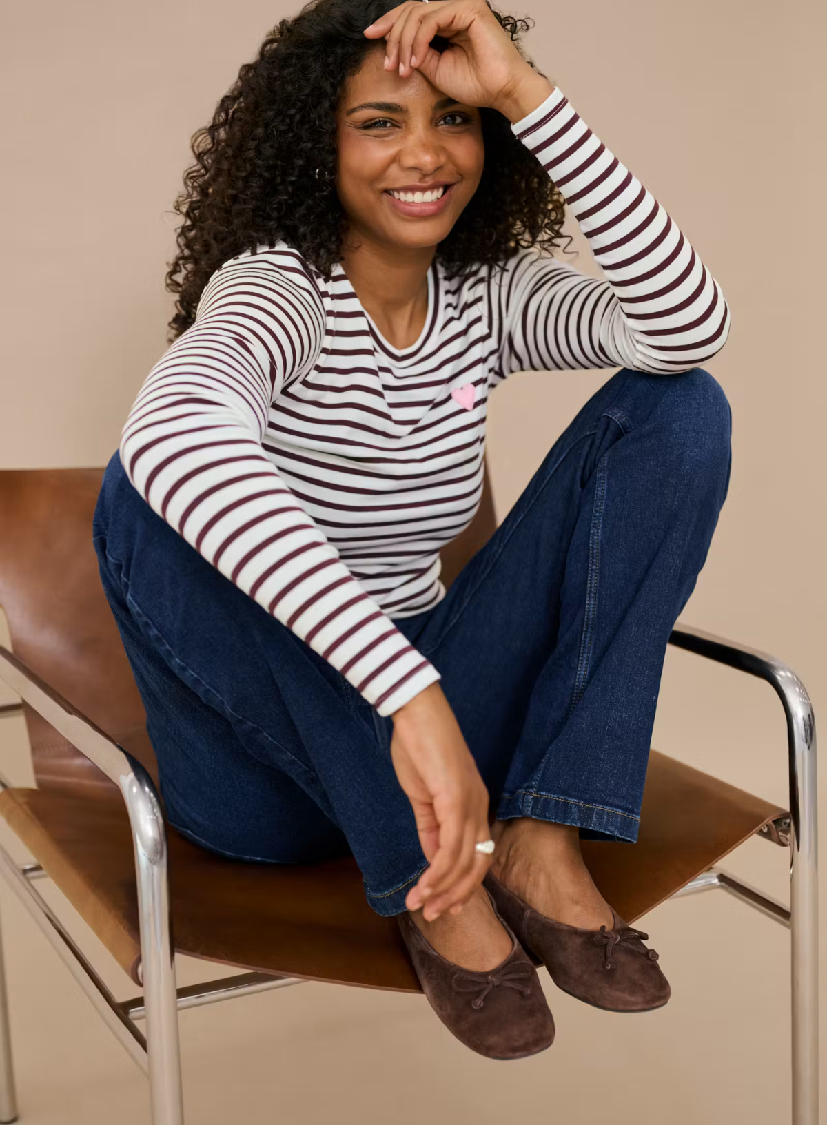 Kaffe Liddy Boat Neck T-Shirt in Chalk/Fudge Stripe