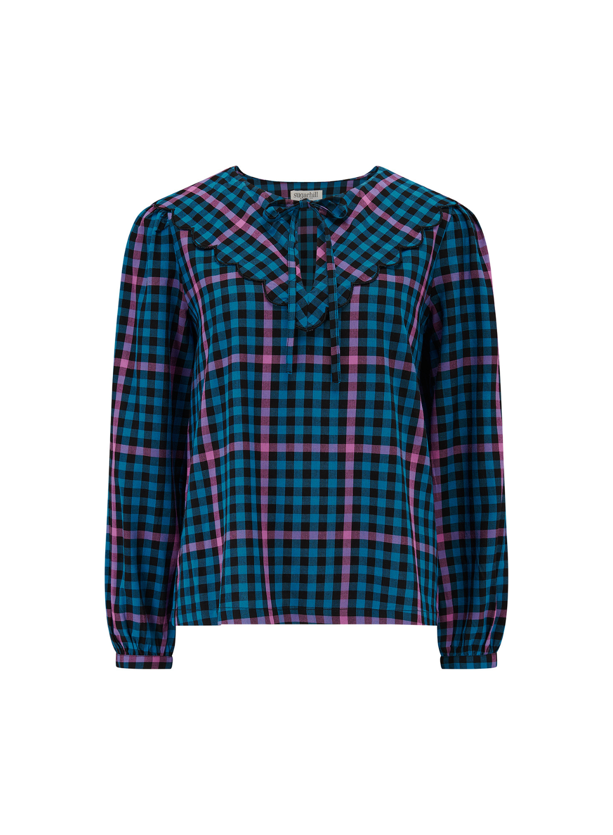 Nessie Scallop Collar Blouse in Black/Teal, Twilight Gingham from Sugarhill