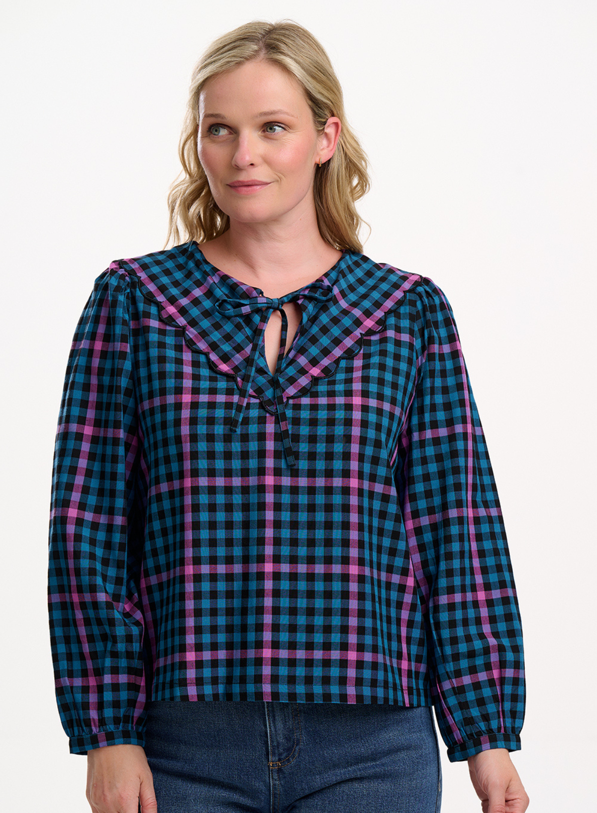 Nessie Scallop Collar Blouse in Black/Teal, Twilight Gingham from Sugarhill