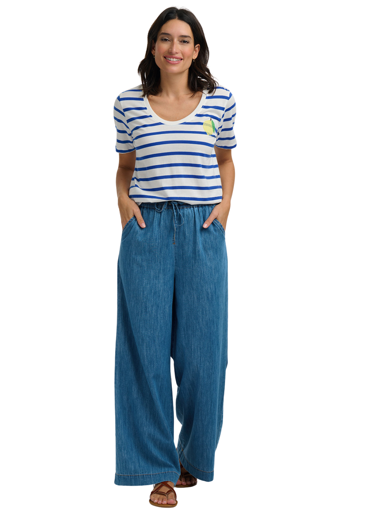 Sugarhill Sylvie Scoop Neck T- Shirt Off White/Blue, Stripes & Lemon