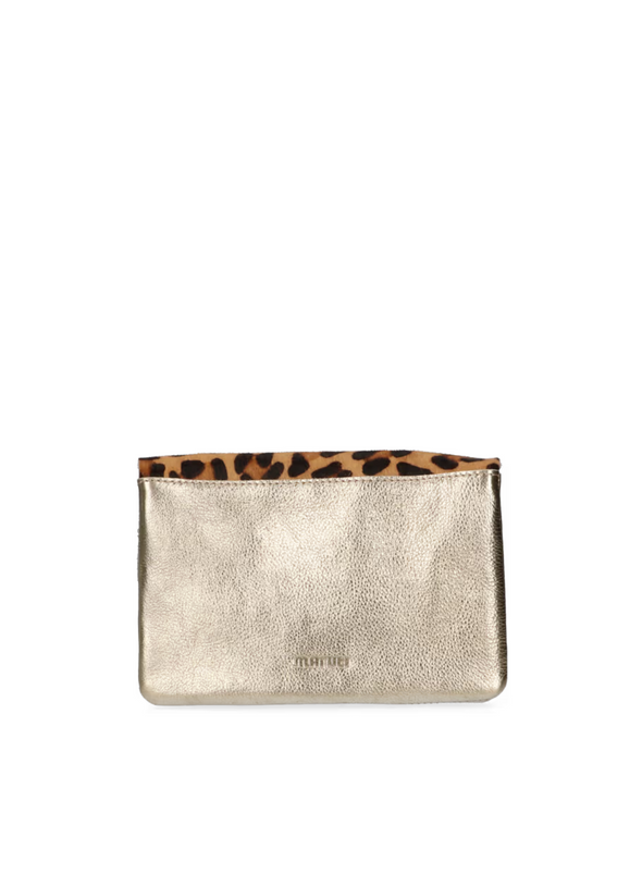 Leather Party Bag in Metallic Gold Leopard from Maruti