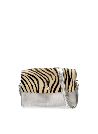 Leather Party Bag in Metallic Silver Zebra from Maruti