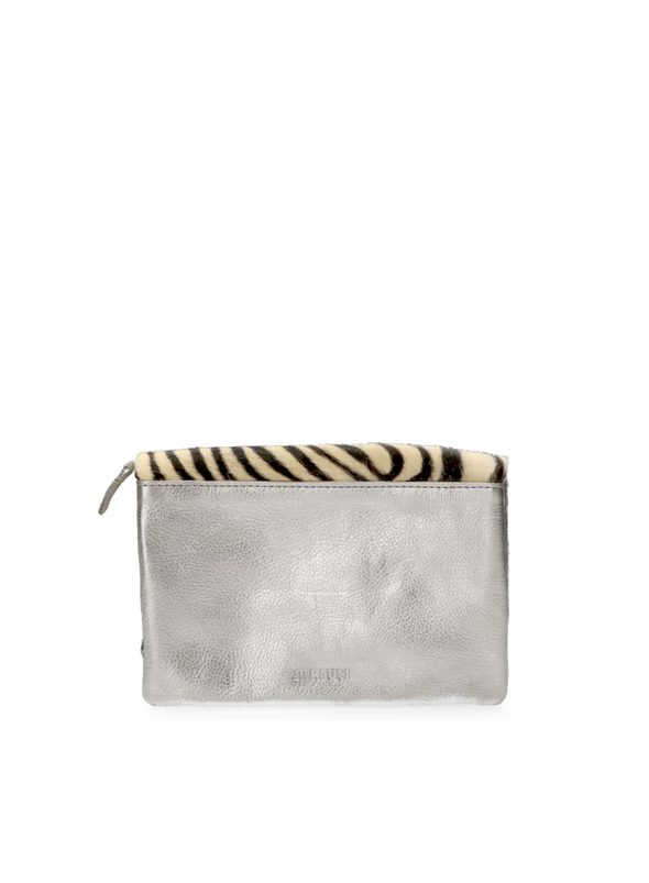 Leather Party Bag in Metallic Silver Zebra from Maruti