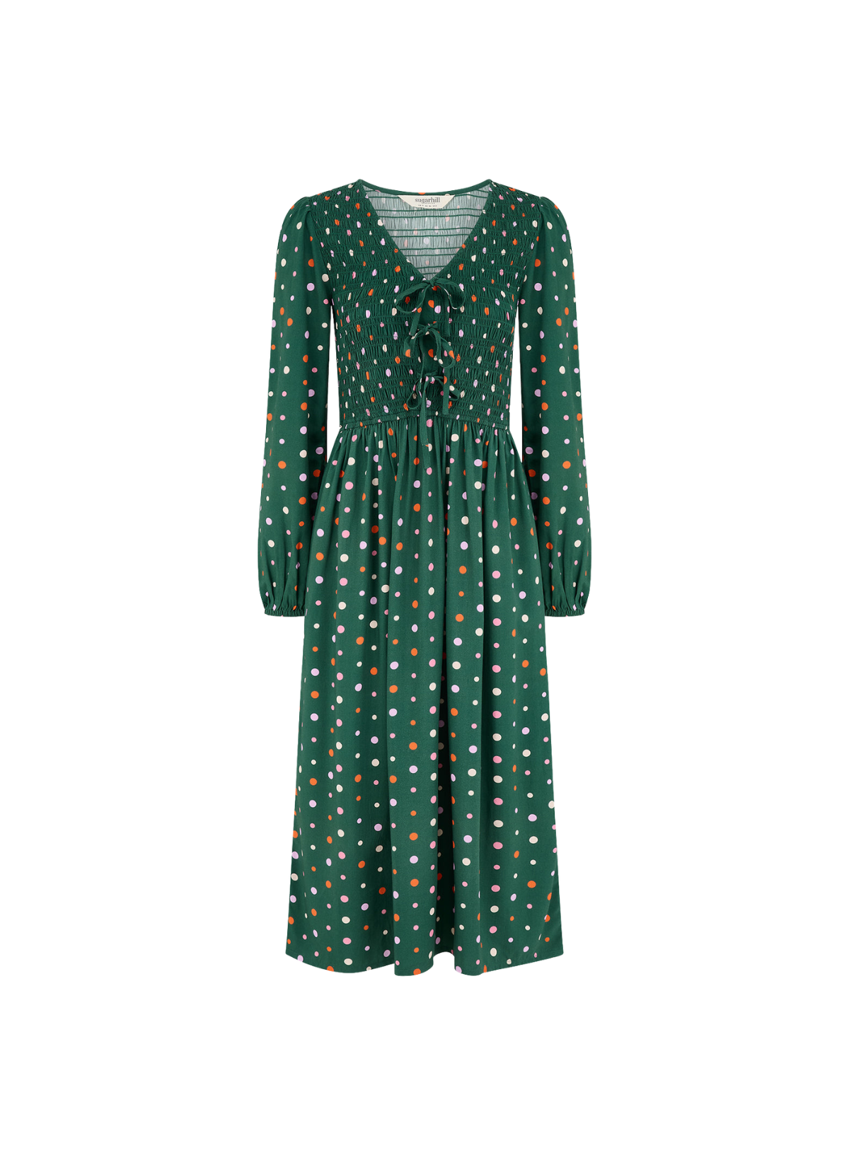 SugarhillI Kasia Shirred Midi Dress in Dark Green Little Big Dots