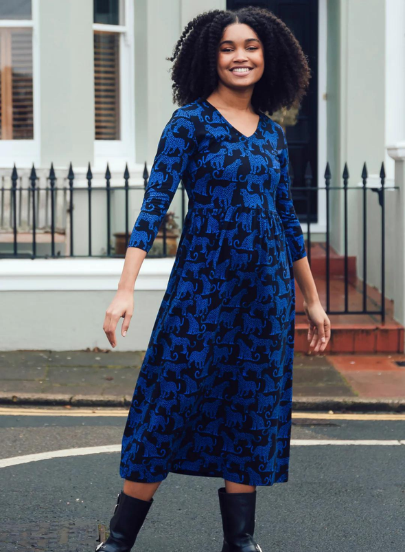 Evelyn Jersey Midi Dress in Black/Blue Leopard Spots from Sugarhill