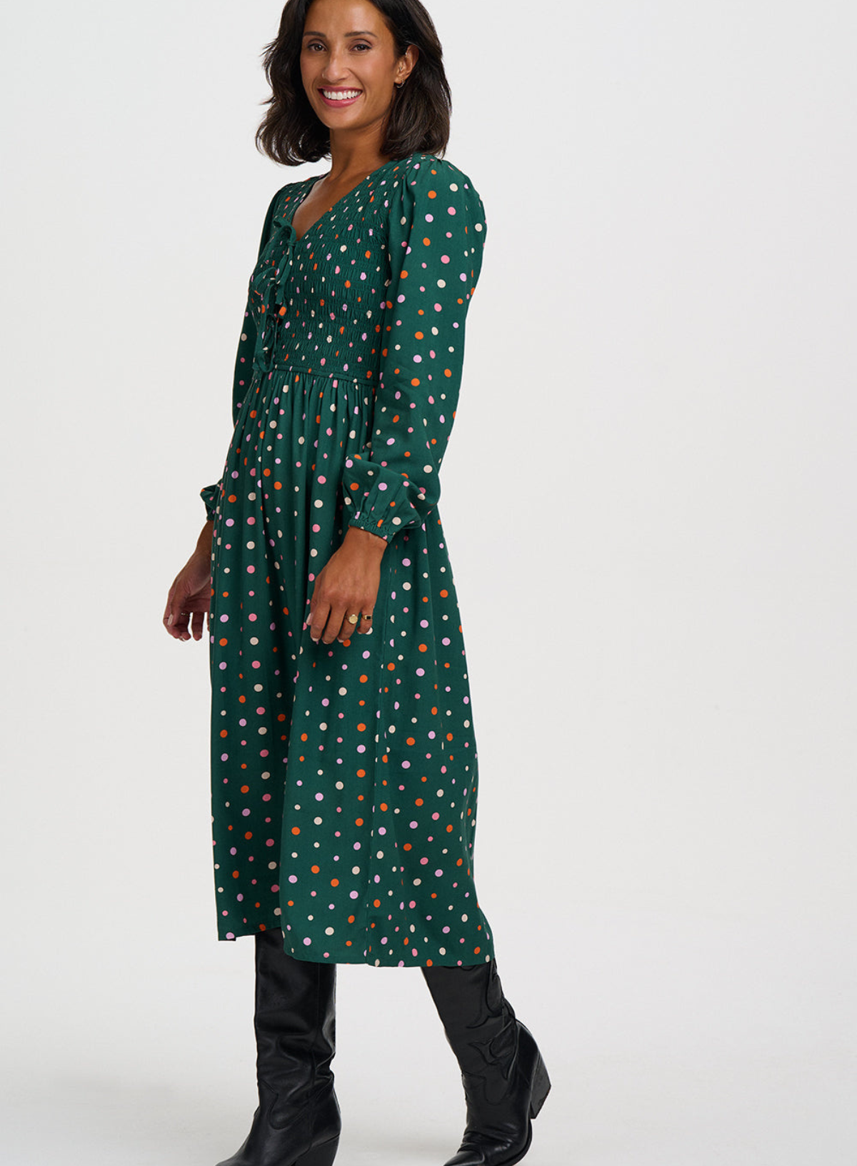 SugarhillI Kasia Shirred Midi Dress in Dark Green Little Big Dots