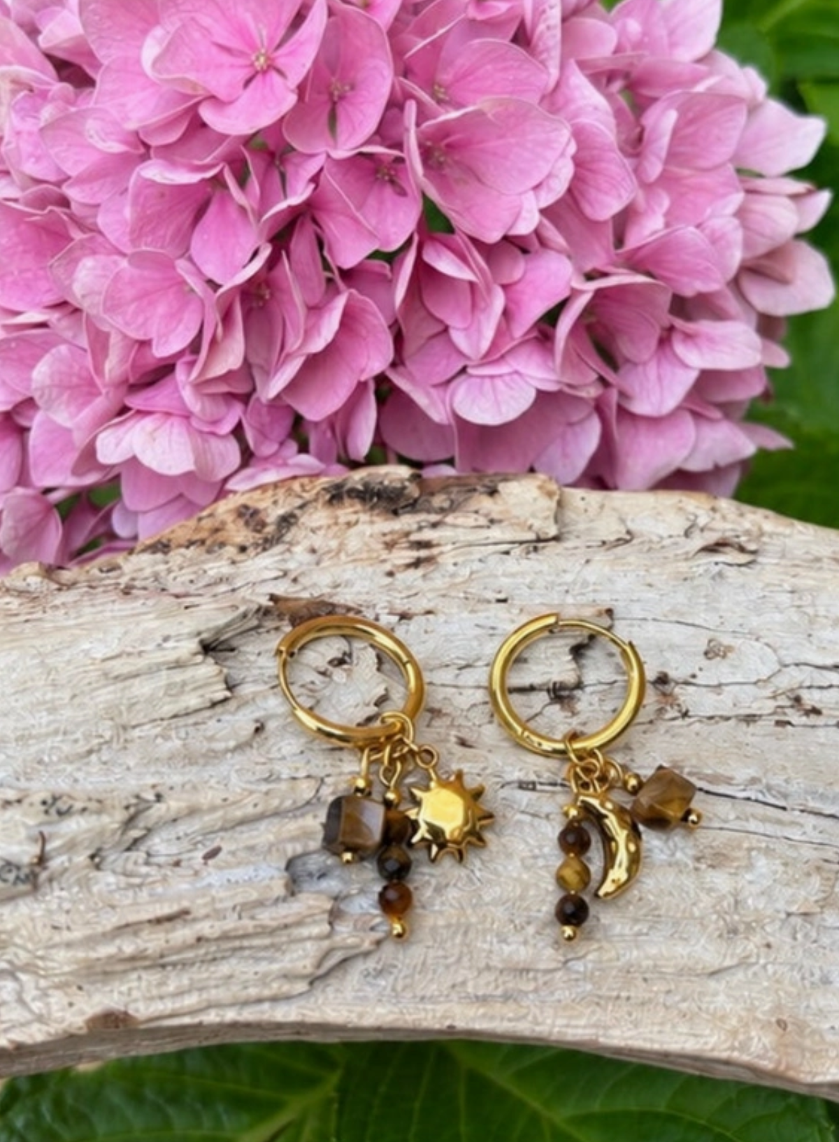 Ocean Ripples 18ct Gold Plated Tiger's Eye Charm Huggie Earrings