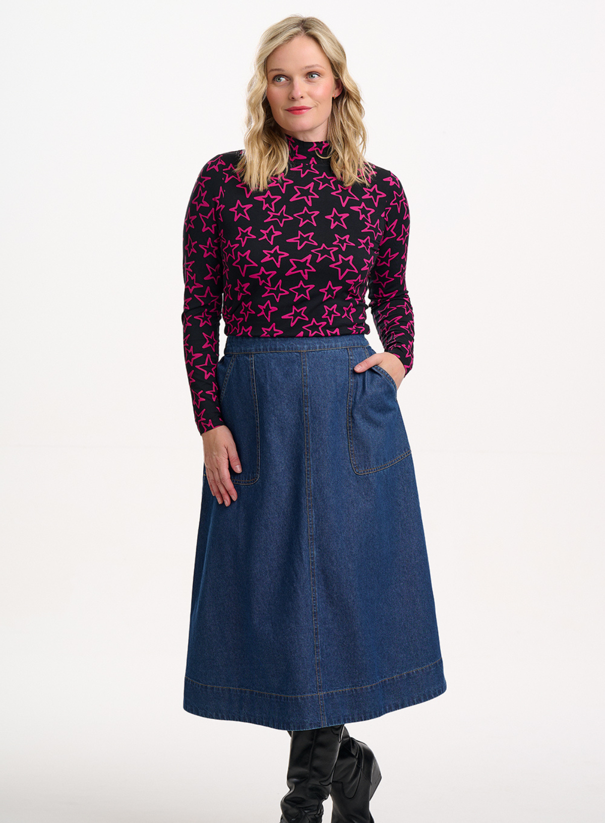 Annika Turtleneck Jersey Top in Black/Pink, Doodle Stars from Sugarhill