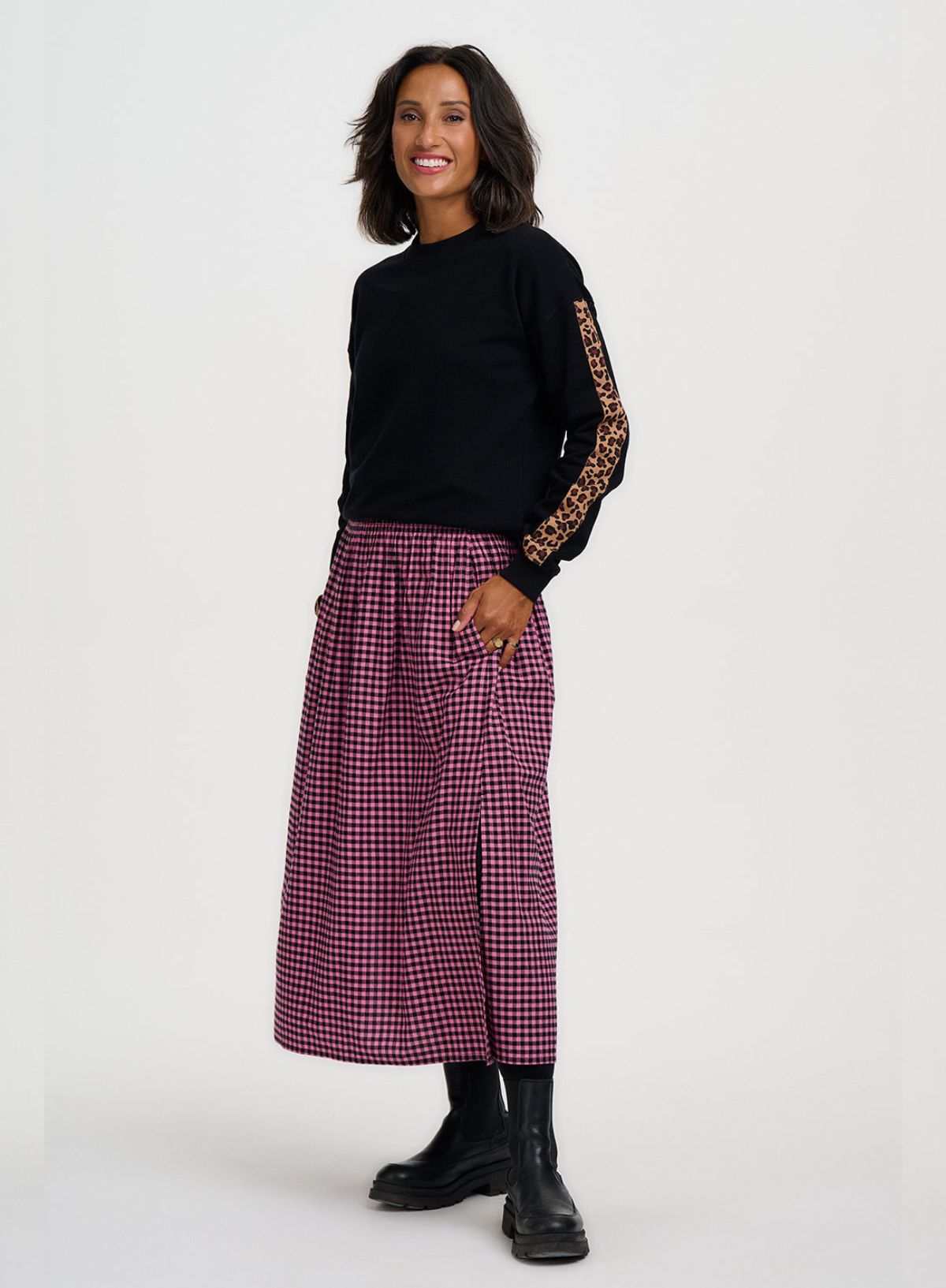 SugarhillI Shantessa Shirred Skirt in Rose Micro Gingham